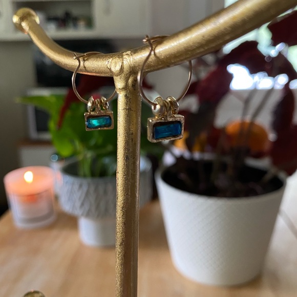 MAKE ME AND OFFER Dainty Gold Turquoise Rectangle Gem Huggie Earring - Picture 2 of 3